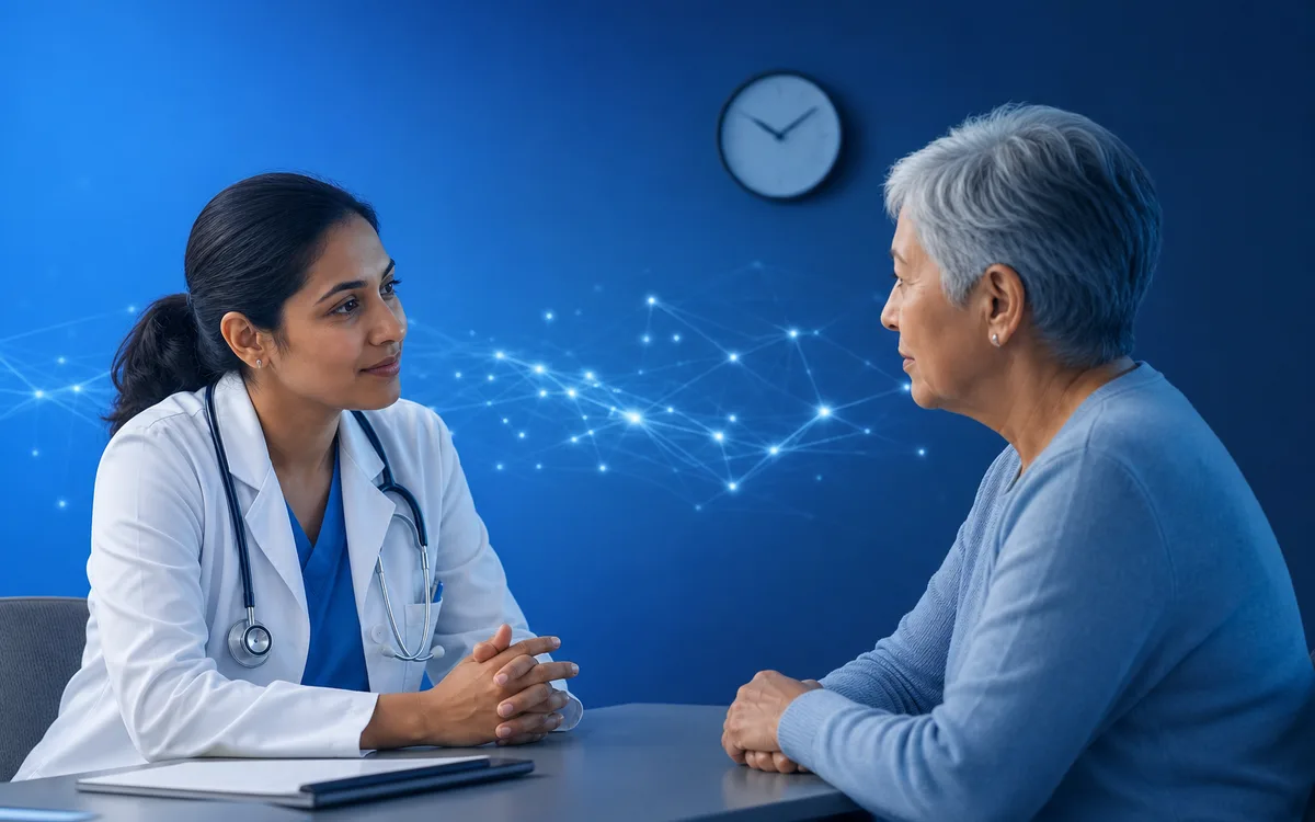Wide editorial scene of a calm, brief primary care visit with subtle neural light motifs