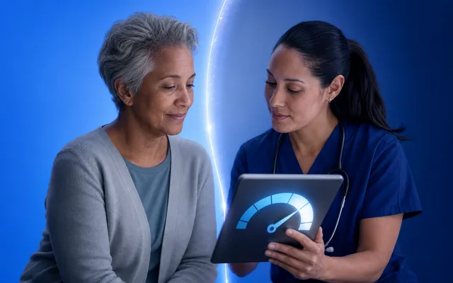 Clinician and older adult reviewing a cognitive screening score sheet in calm blue tones