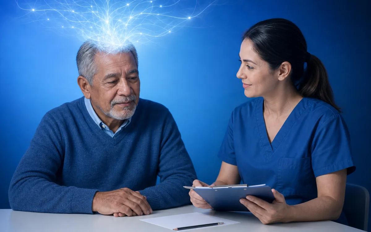 A clinician and an older adult sit together at a desk during a brief pen-and-paper cognitive screening