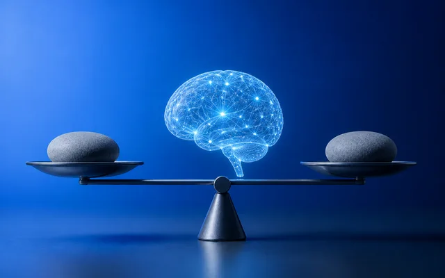 A glowing blue neural-network brain balanced at the center of a scale between two equal stones, symbolizing a side-by-side comparison