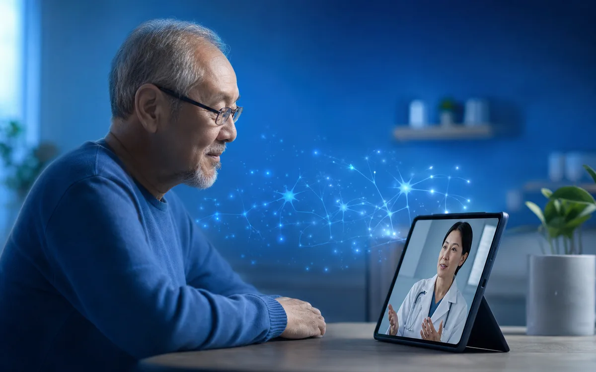 Person at a kitchen table on a video call with a clinician holding a tablet, calm blue editorial lighting