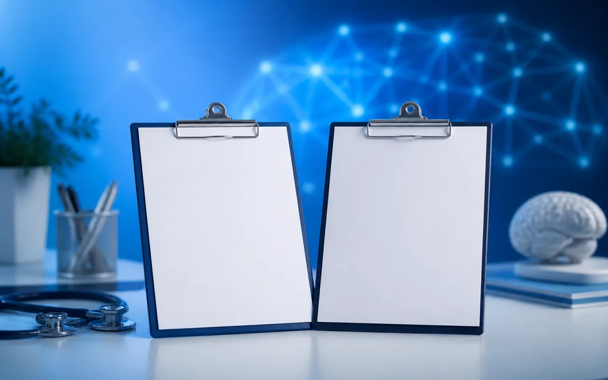 Two clipboards resting side by side on a clinician's desk under soft blue light, suggesting a comparison of two tests