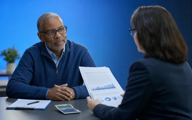 An older adult and a neuropsychologist reviewing an assessment report at a desk with a calculator nearby