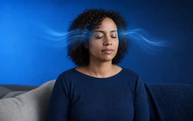 Adult resting on a couch beside a window, faint blue light ripples around the head suggesting lingering symptoms after a concussion