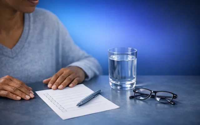 Organized checklist and reading glasses on a calm blue desk surface