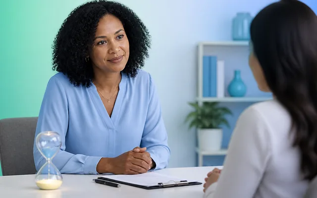 Psychologist and client seated across a desk with a clipboard of forms and an hourglass between them