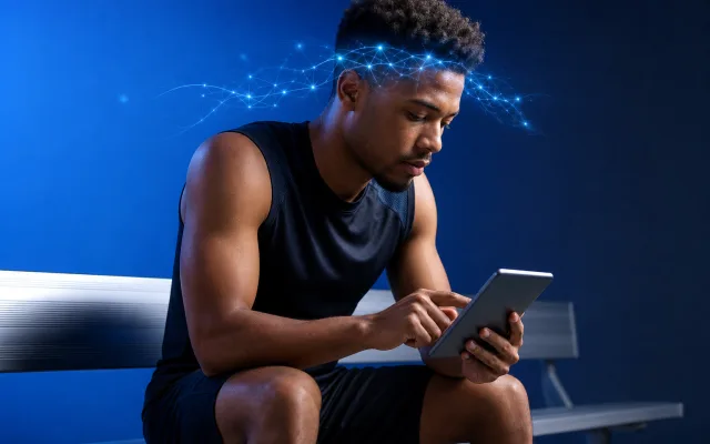 Athlete in track gear pausing at the edge of a field, completing a tablet cognitive check with soft blue light around the head