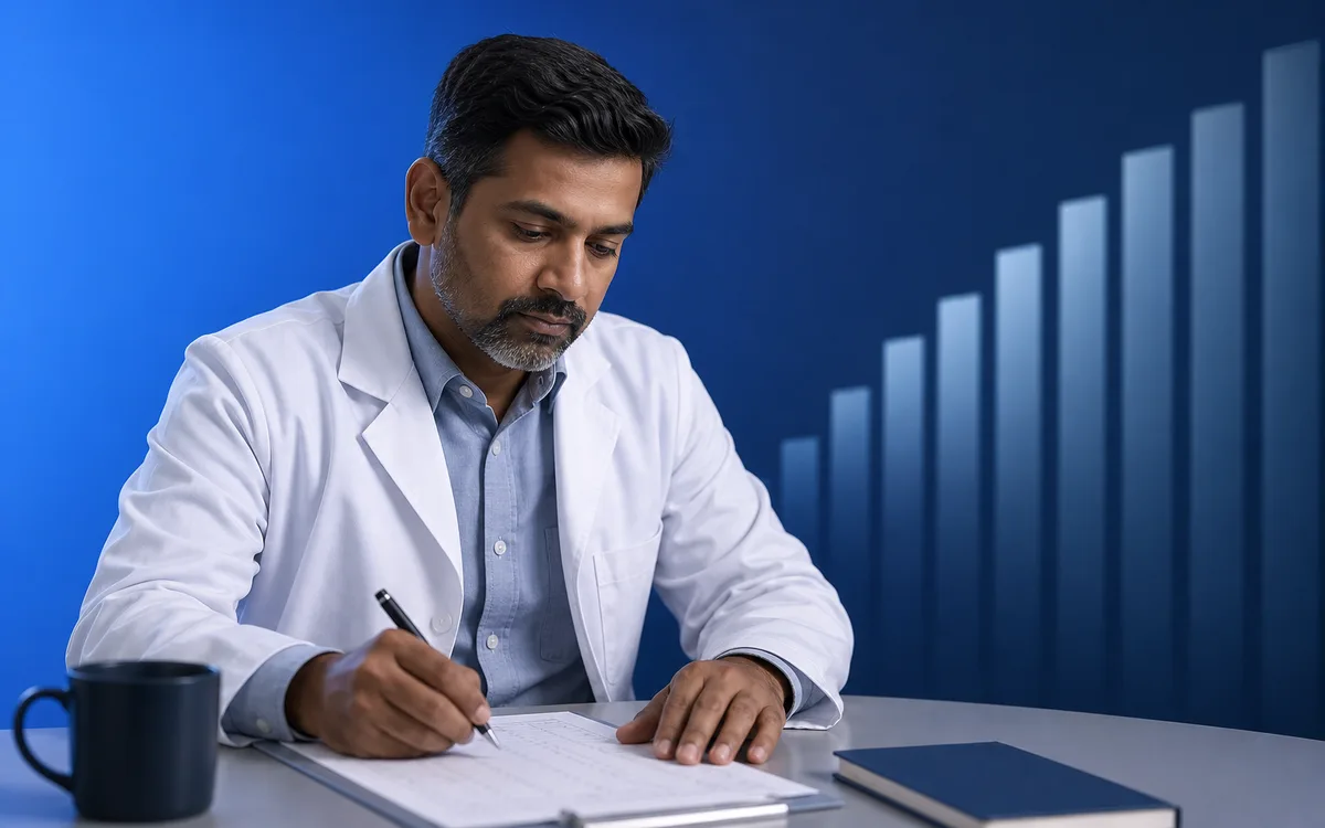 Wide editorial scene of a clinician reviewing a screening score sheet with a numeric scale motif in soft blue light