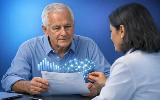 Older adult and physician reviewing cognitive test results together at a desk