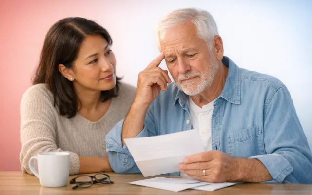 Adult daughter sitting beside her father at a kitchen table, quietly noticing him searching for a word