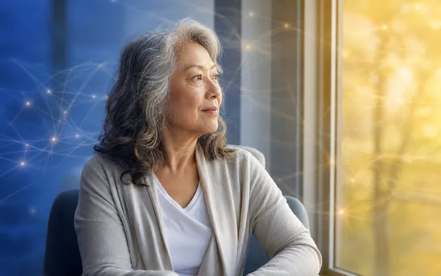 Older woman sitting alone by a window with faint disconnected neural threads drifting in soft light