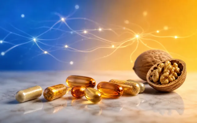 Assorted vitamin capsules and supplement bottles on a clean surface with faint neural pathways in the background