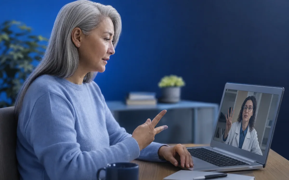 Clinician on a tablet video call guiding an older adult through a cognitive check at a home desk in calm blue tones