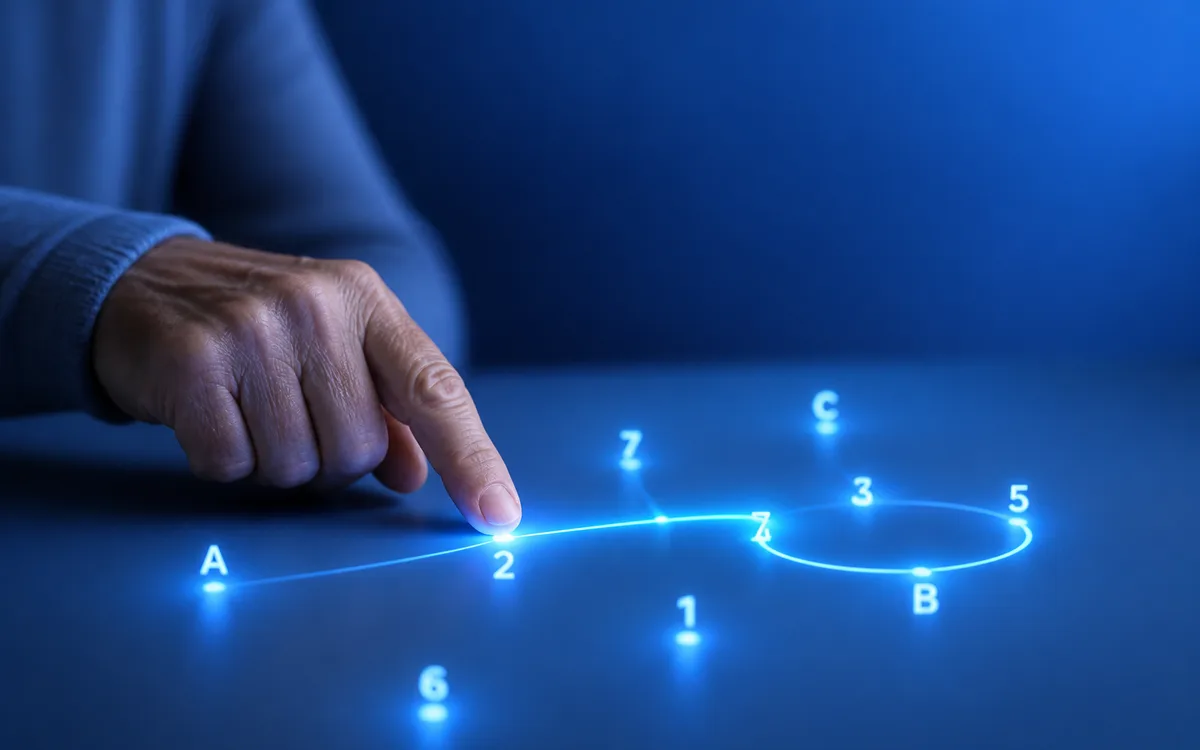 A luminous blue trail of numbered and lettered points linked in sequence across a calm gradient, representing visual scanning and mental flexibility