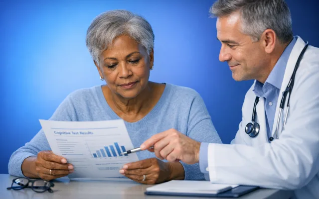 Abstract blue neural arcs and nodes representing cognitive score patterns