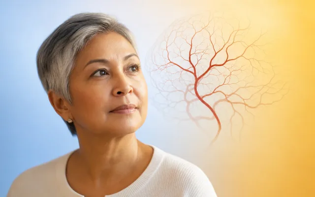 Older adult gazing at a translucent network of branching blood vessels faintly dimming at the edges
