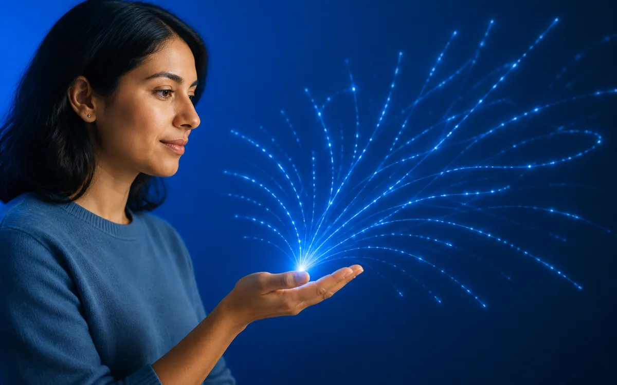 A woman reaching out her open hand as luminous word-like sparks radiate from a glowing point above her palm against a calm blue gradient, representing rapid word retrieval and language pathways