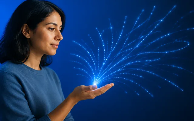 A woman holding out her open palm as soft blue streams of light branch outward from her hand, symbolizing words retrieved quickly from memory during a verbal fluency task