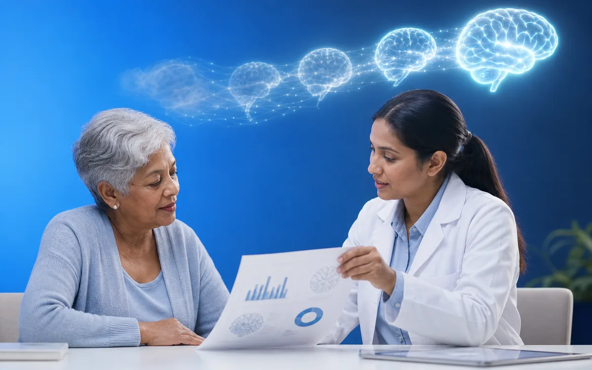 A reassuring conversation between a patient and clinician reviewing cognitive test results at a bright desk