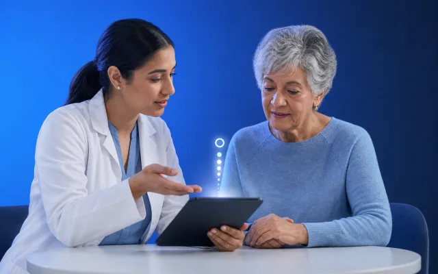 Older adult reviewing cognitive screening results with a clinician in calm blue tones