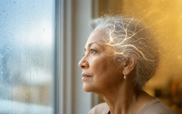 Older adult gazing out a window with faint luminous neural pathways dissolving at the edges around their head