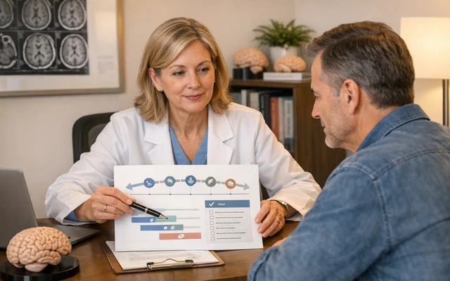 A clinician and adult reviewing a cognitive health timeline in a calm neurology office