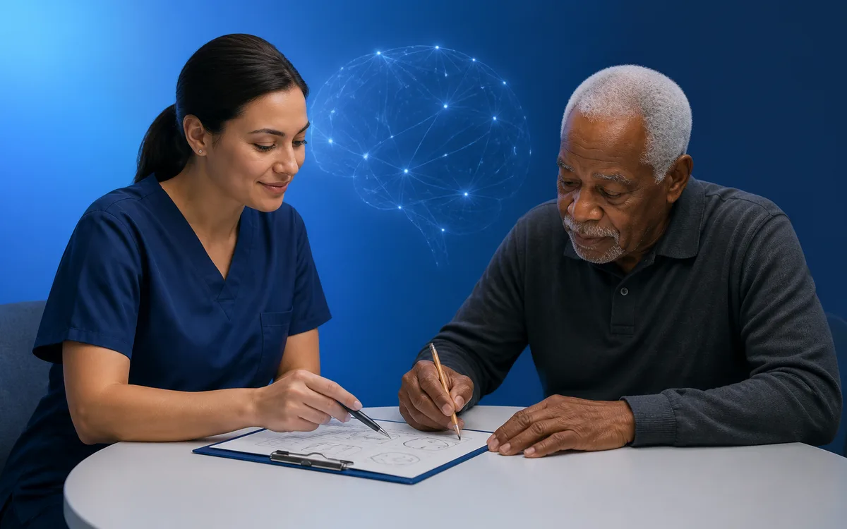 Editorial scene of a health professional administering a brief cognitive screen at a clinic desk