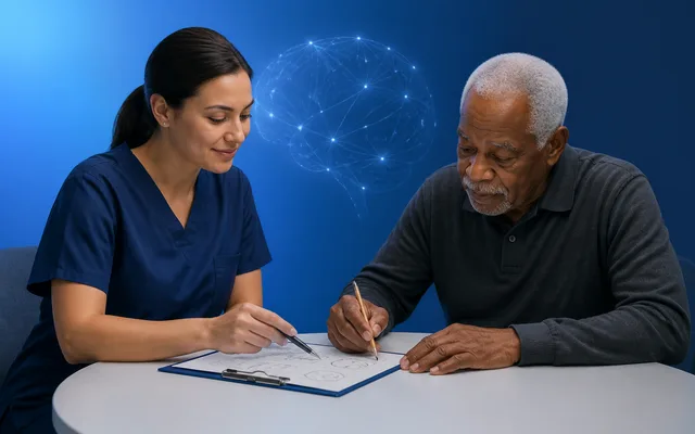 Trained clinician guiding an older adult through a brief cognitive screening in soft blue tones