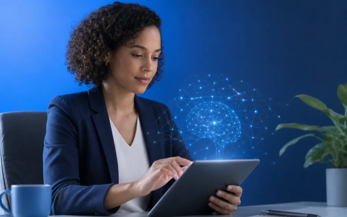 Diverse adult professional concentrating on a brief tablet-based cognitive check-in in a calm office, subtle luminous neural motifs suggesting attention and processing speed