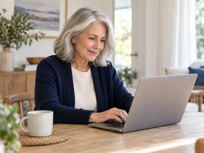 Lifestyle photo — older adult at home in natural light, relaxed, holding a phone or tablet. Portrait crop.